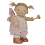 A doll with pigtails wears a pink star-patterned fairy dress, wings, and holds a gold heart wand. The doll has a cheerful expression.