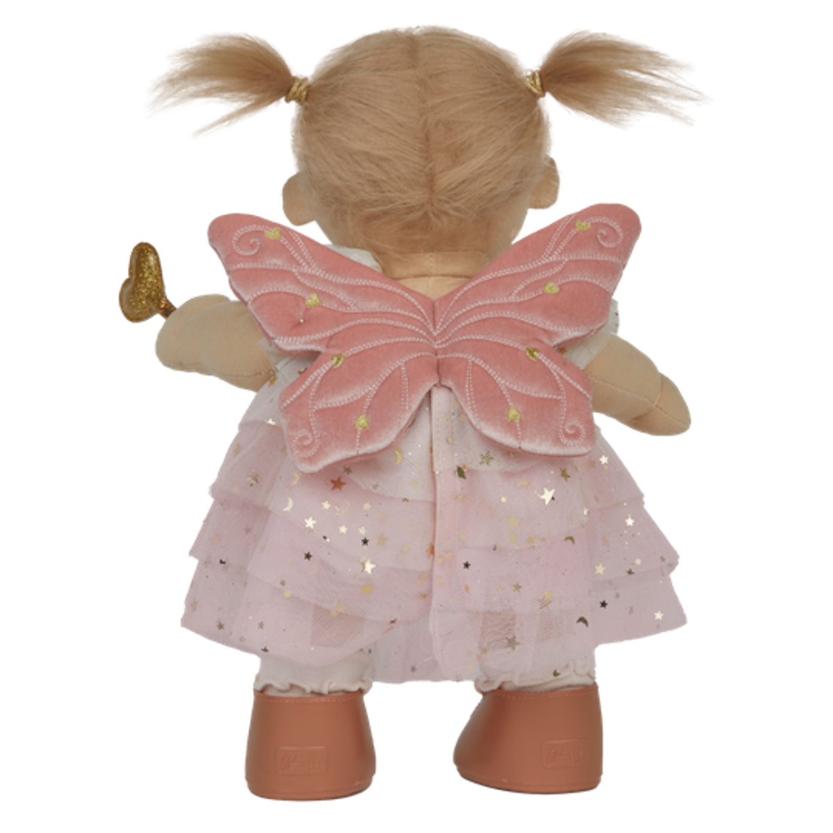 A doll with pigtails wears a pink star-patterned fairy dress, wings, and holds a gold heart wand. The doll has a cheerful expression.