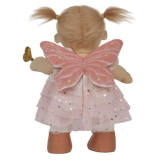 A doll with pigtails wears a pink star-patterned fairy dress, wings, and holds a gold heart wand. The doll has a cheerful expression.