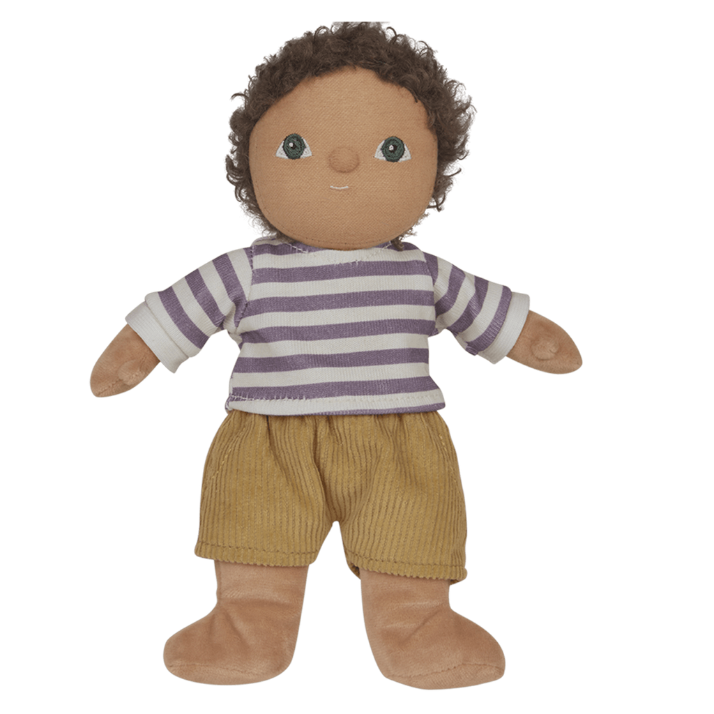 Cute fabric doll with curly brown hair, wearing a purple-striped shirt and brown corduroy pants. The doll has a friendly, cheerful expression.
