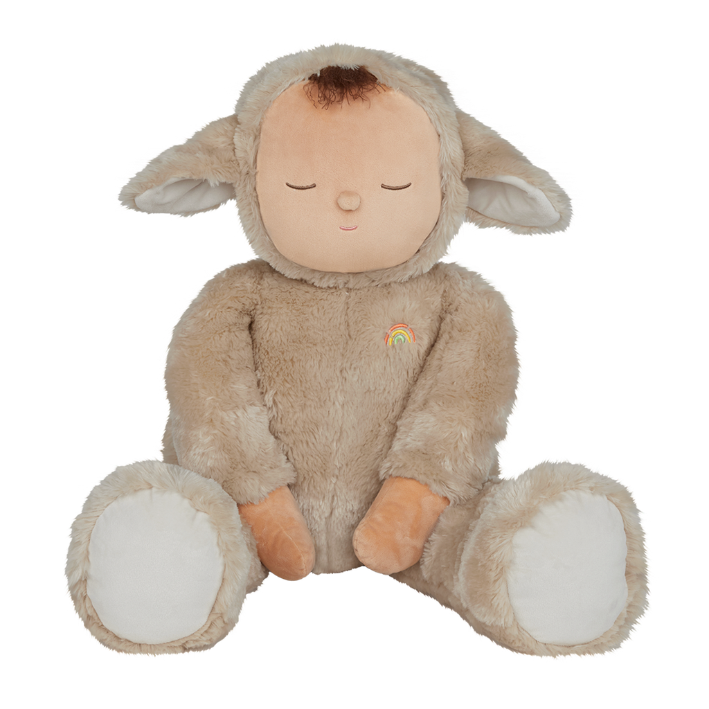 Cute plush doll in a fuzzy brown lamb suit with closed eyes, a peaceful expression, and a small rainbow emblem on its chest. Simple and cozy design.