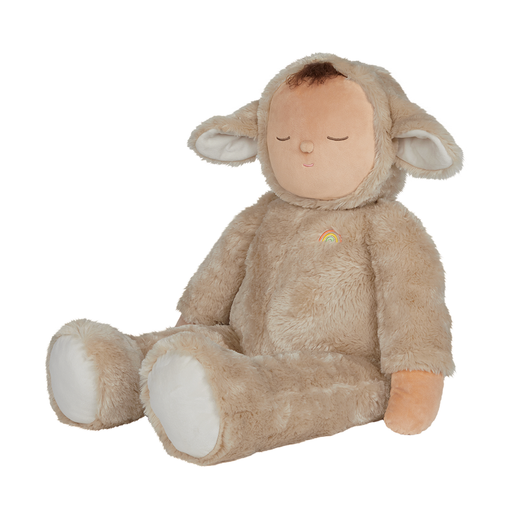 Cute plush doll in a fuzzy brown lamb suit with closed eyes, a peaceful expression, and a small rainbow emblem on its chest. Simple and cozy design.