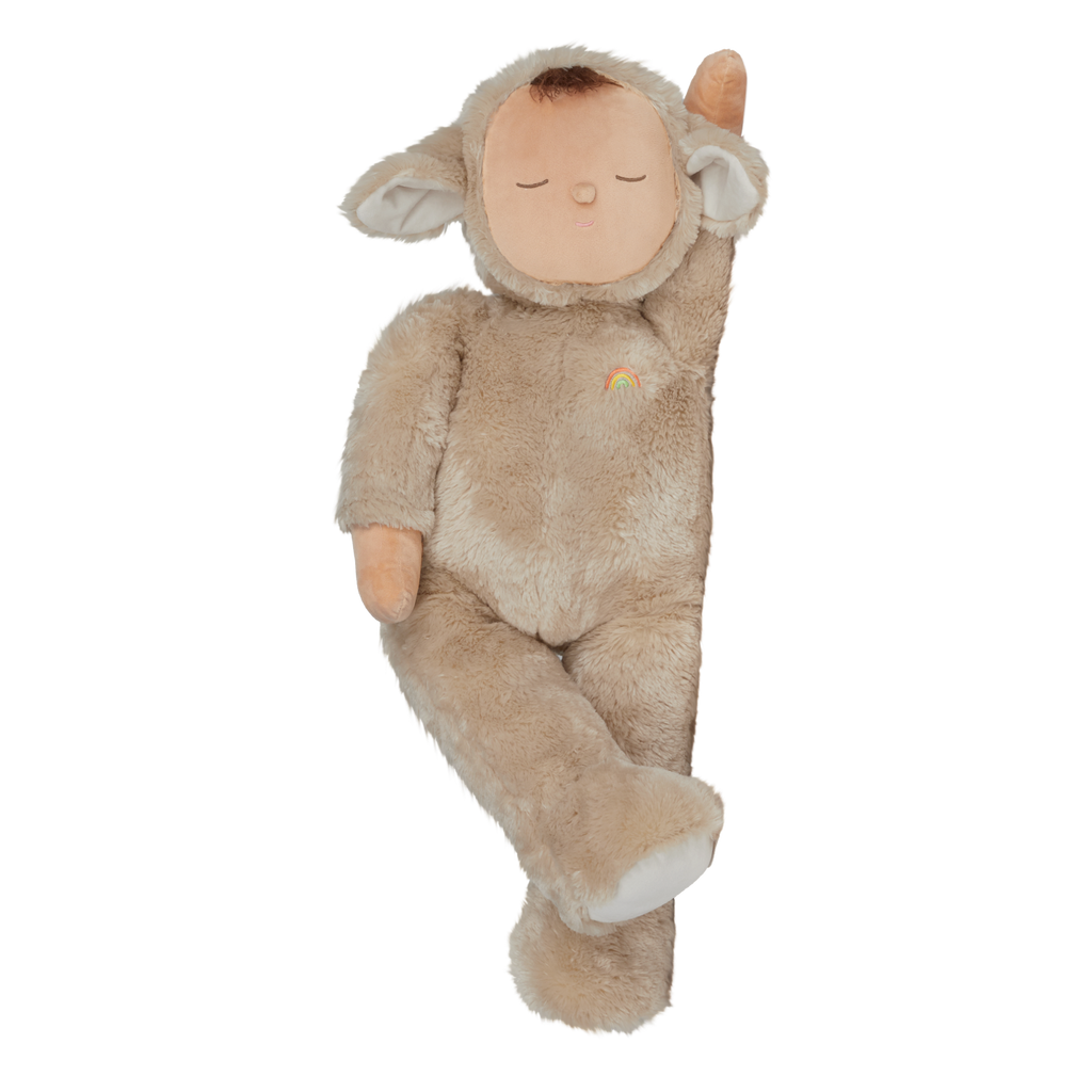 Cute plush doll in a fuzzy brown lamb suit with closed eyes, a peaceful expression, and a small rainbow emblem on its chest. Simple and cozy design.