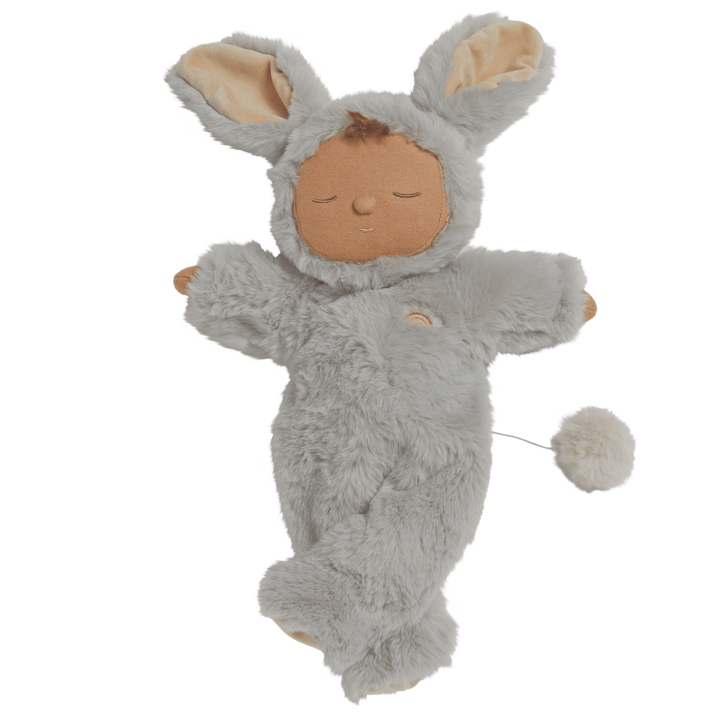 A soft, plush doll wearing a fluffy, gray bunny costume with large ears and a round tail. The doll has a peaceful, sleeping expression.