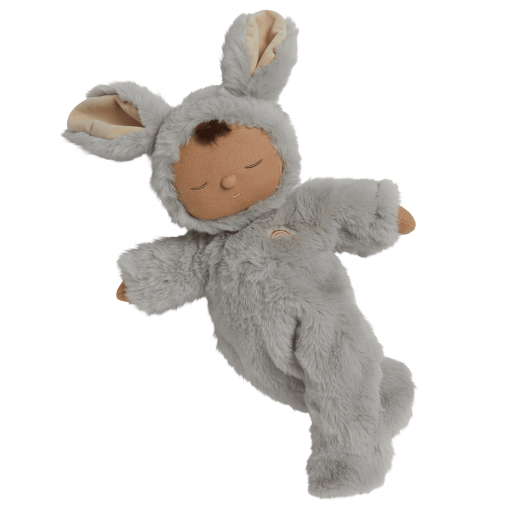 A soft, plush doll wearing a fluffy, gray bunny costume with large ears and a round tail. The doll has a peaceful, sleeping expression.