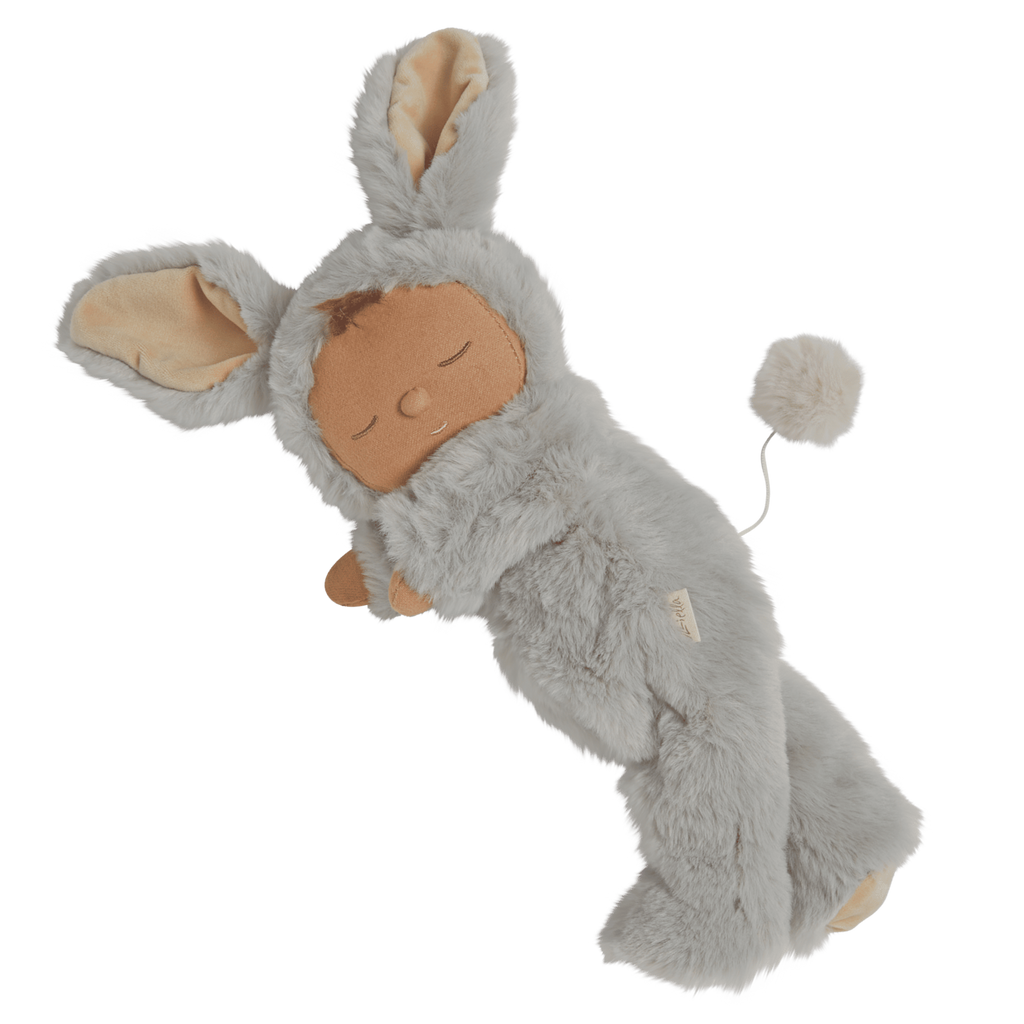A soft, plush doll wearing a fluffy, gray bunny costume with large ears and a round tail. The doll has a peaceful, sleeping expression.