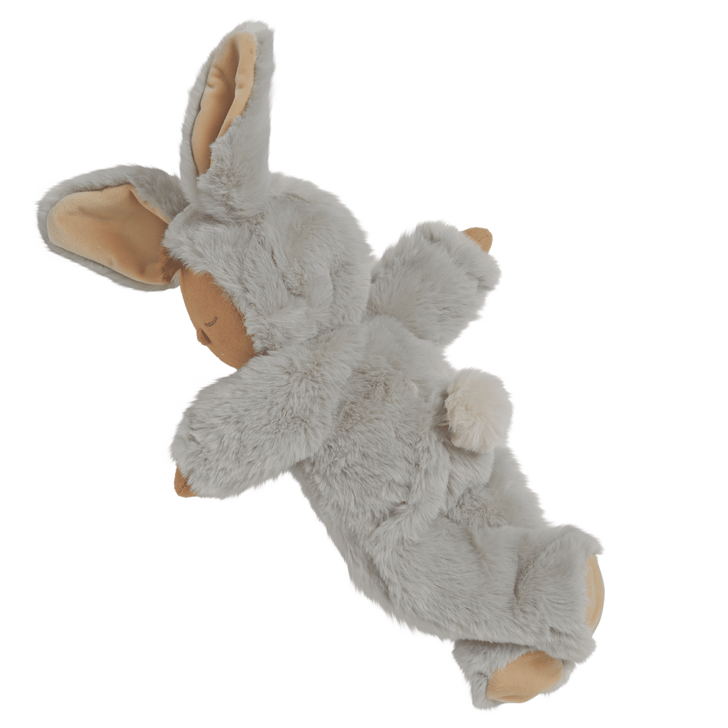 A soft, plush doll wearing a fluffy, gray bunny costume with large ears and a round tail. The doll has a peaceful, sleeping expression.