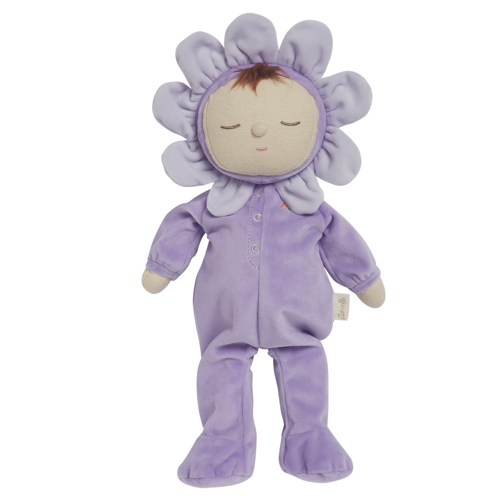 Plush doll with a serene face, dressed in a lavender flower costume, featuring petals around its head, creating a cute and calming tone against a white background.