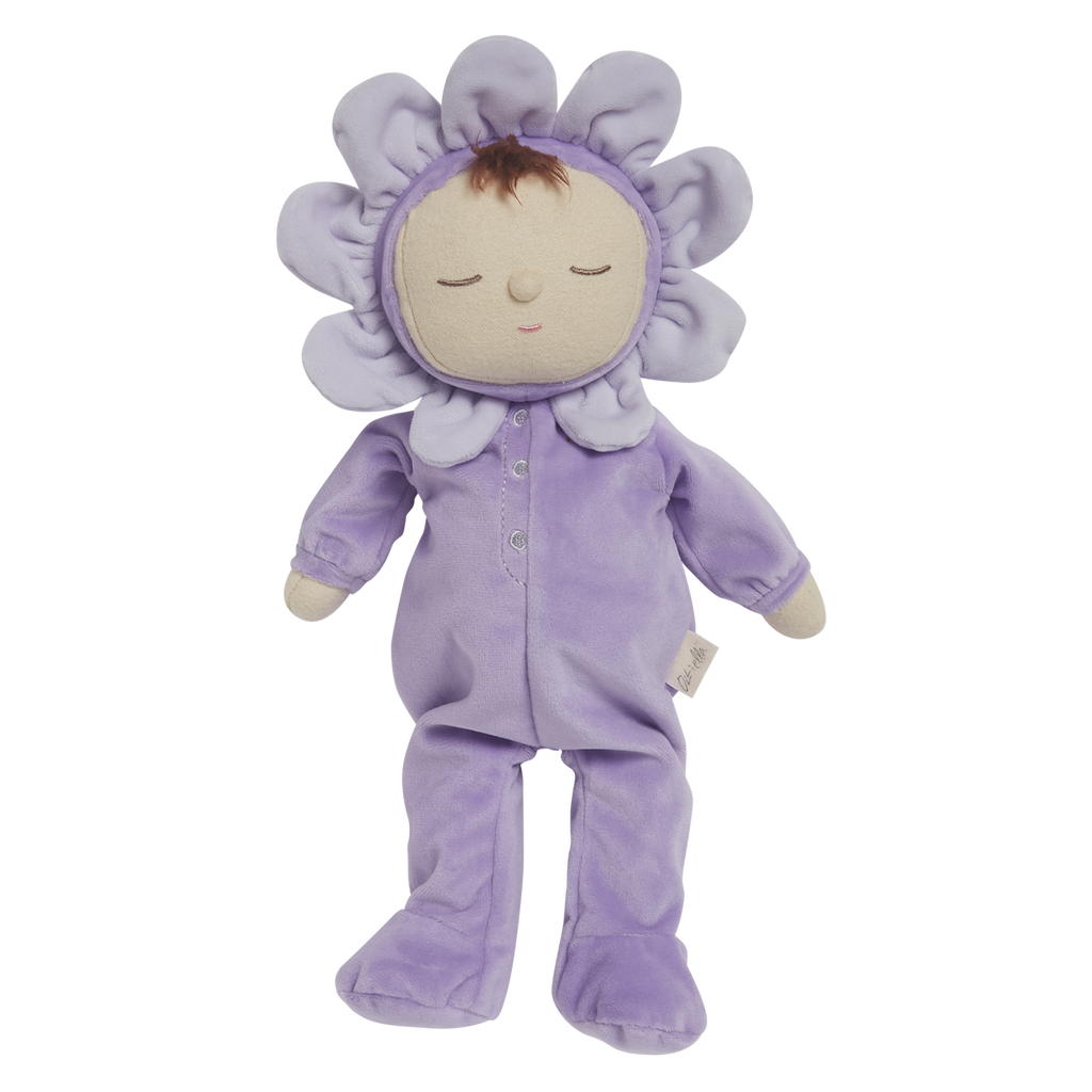 Plush doll with a serene face, dressed in a lavender flower costume, featuring petals around its head, creating a cute and calming tone against a white background.