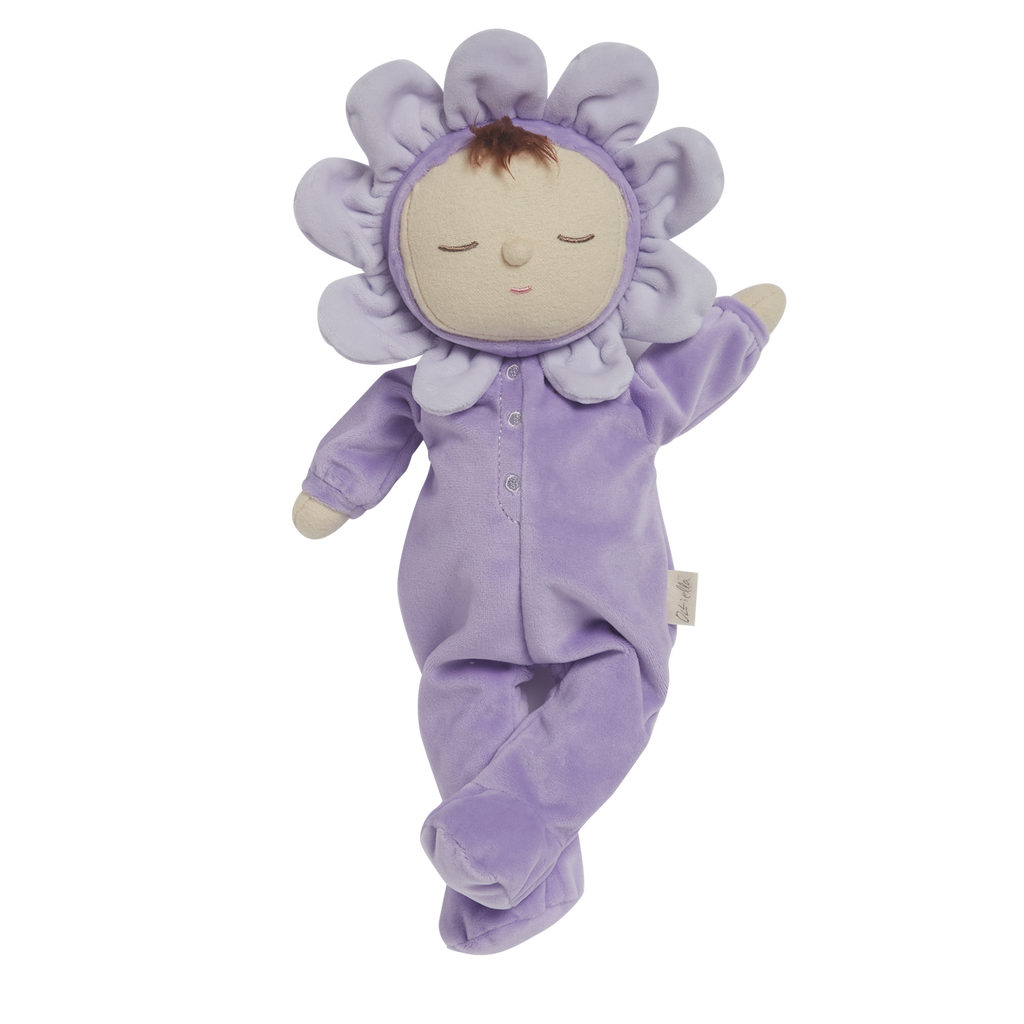 Plush doll with a serene face, dressed in a lavender flower costume, featuring petals around its head, creating a cute and calming tone against a white background.
