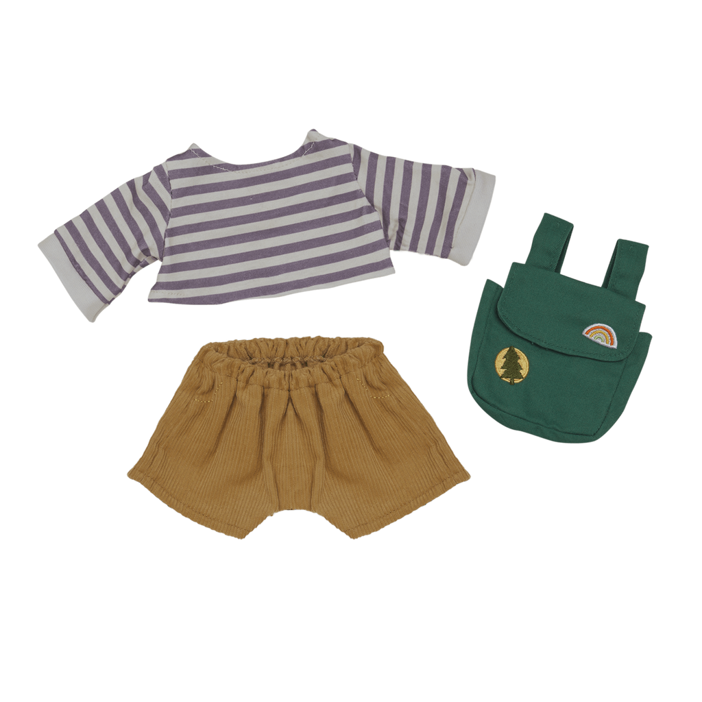 Doll outfit with a purple-striped top, brown corduroy shorts, and a green backpack featuring a rainbow and tree badge. Set on a white background.