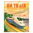 Book cover of "On Track" by Tom Adams, featuring a sleek high-speed train traveling along a scenic coastal railway.