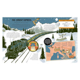 Illustration of the Orient Express train traveling through a snowy mountain landscape at night with a route map and facts.