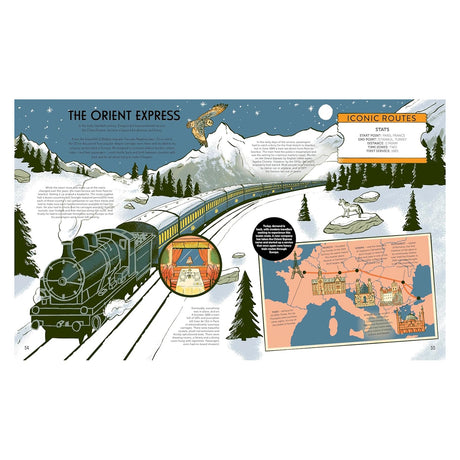 Illustration of the Orient Express train traveling through a snowy mountain landscape at night with a route map and facts.