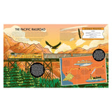 Illustrated book spread about The Pacific Railroad, featuring a train on a trestle, an eagle, and a map of iconic routes.