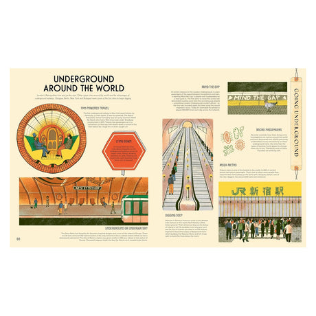Illustrated book spread about underground trains worldwide, featuring subway stations, escalators, and historical facts.