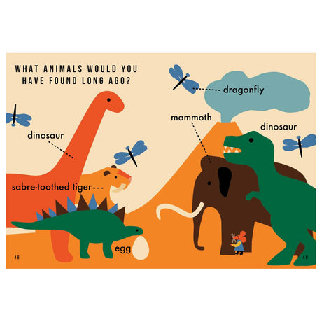 Colorful illustration of prehistoric animals, including dinosaurs, a sabre-toothed tiger, mammoth, dragonflies, and an egg, against a volcano backdrop.