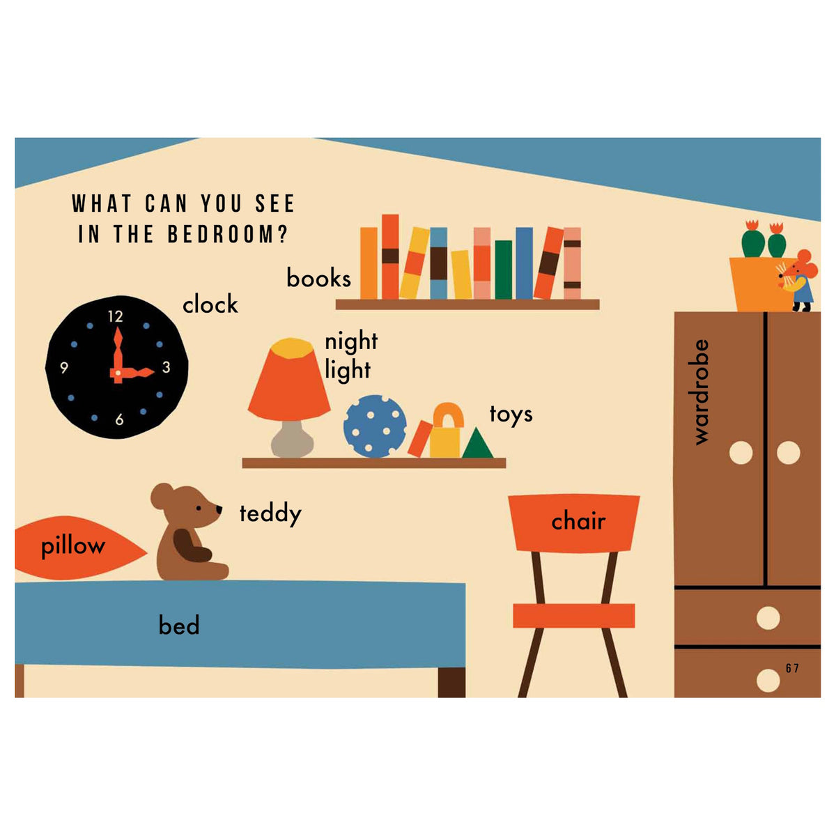 Illustration of a bedroom with labeled items: bed, pillow, teddy bear, chair, bookshelf with books, clock, night light, toys, wardrobe, and plant. Warm, cozy vibe.