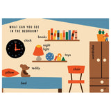 Illustration of a bedroom with labeled items: bed, pillow, teddy bear, chair, bookshelf with books, clock, night light, toys, wardrobe, and plant. Warm, cozy vibe.