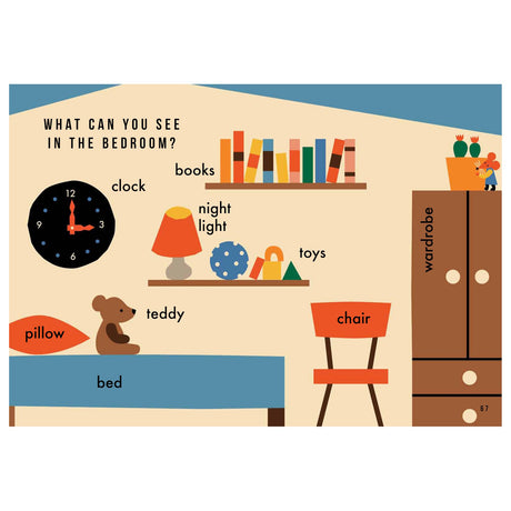 Illustration of a bedroom with labeled items: bed, pillow, teddy bear, chair, bookshelf with books, clock, night light, toys, wardrobe, and plant. Warm, cozy vibe.
