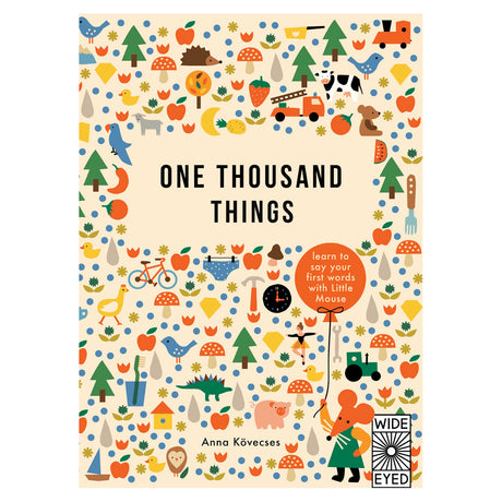Colorful book cover of "One Thousand Things" by Anna Kövecses. Features illustrations of animals, trees, and objects, creating a playful, educational tone.