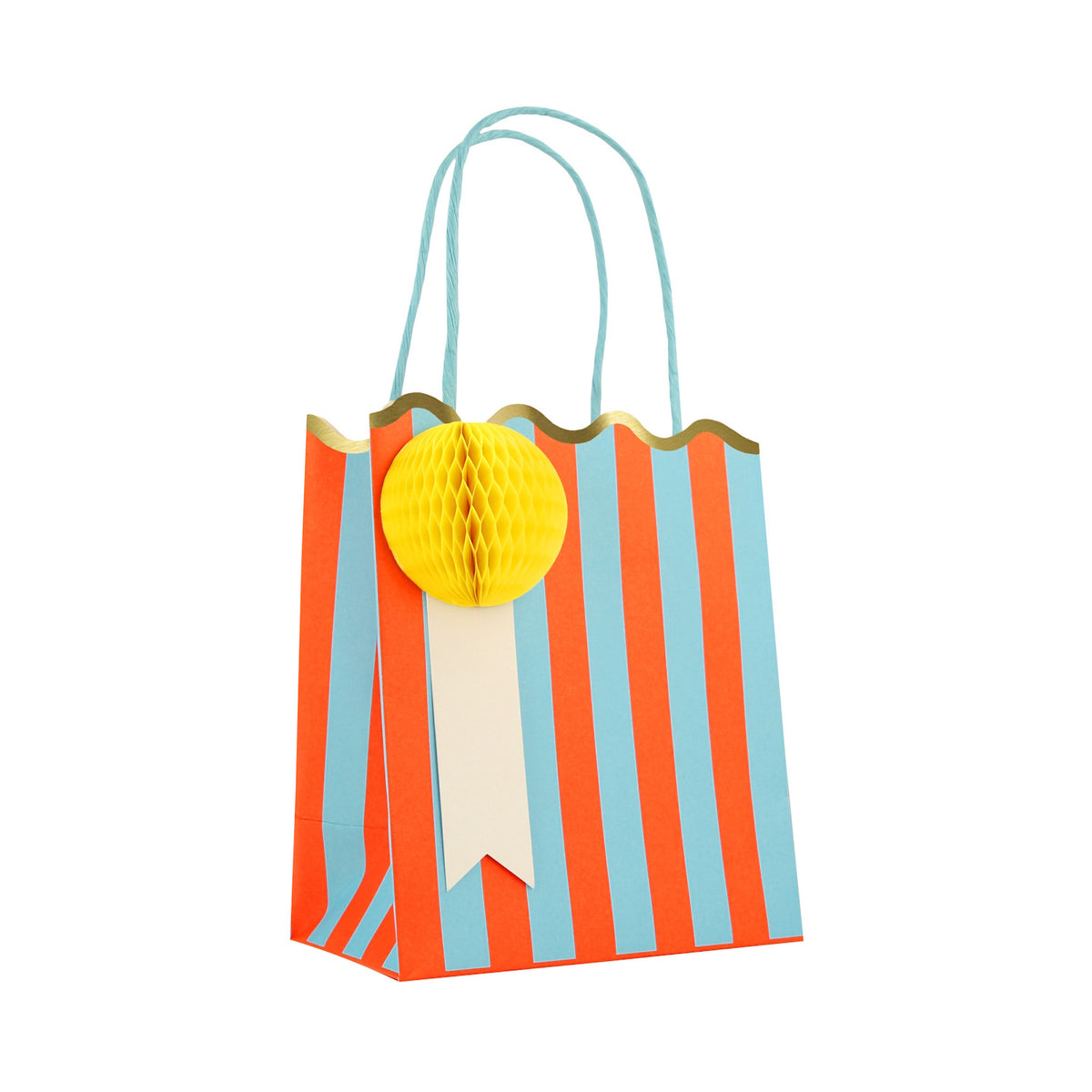 Meri Meri striped party bag with blue and orange stripes, a scalloped gold edge, and a yellow honeycomb paper tag.