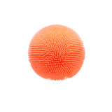 A bright orange, spiky rubber stress ball centered on a plain white background.