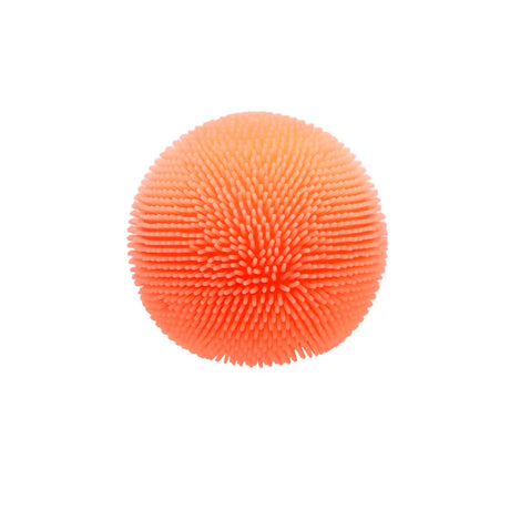 A bright orange, spiky rubber stress ball centered on a plain white background.
