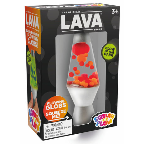 Lava Brand Squish 'N' Flow toy box featuring a glow-in-the-dark lava lamp with orange and red flowing globs for ages 3+.