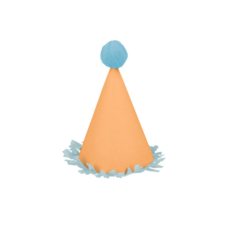 Mini orange party hat with blue pom-pom top and light blue fringe trim on a white background.