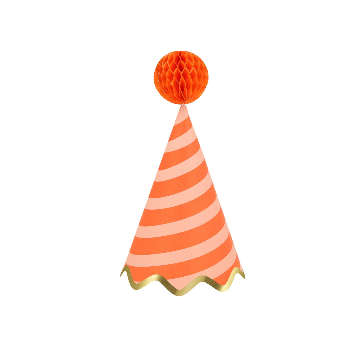 Orange striped Meri Meri party hat with honeycomb pom-pom and gold scalloped trim on a white background.