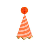 Orange striped Meri Meri party hat with honeycomb pom-pom and gold scalloped trim on a white background.