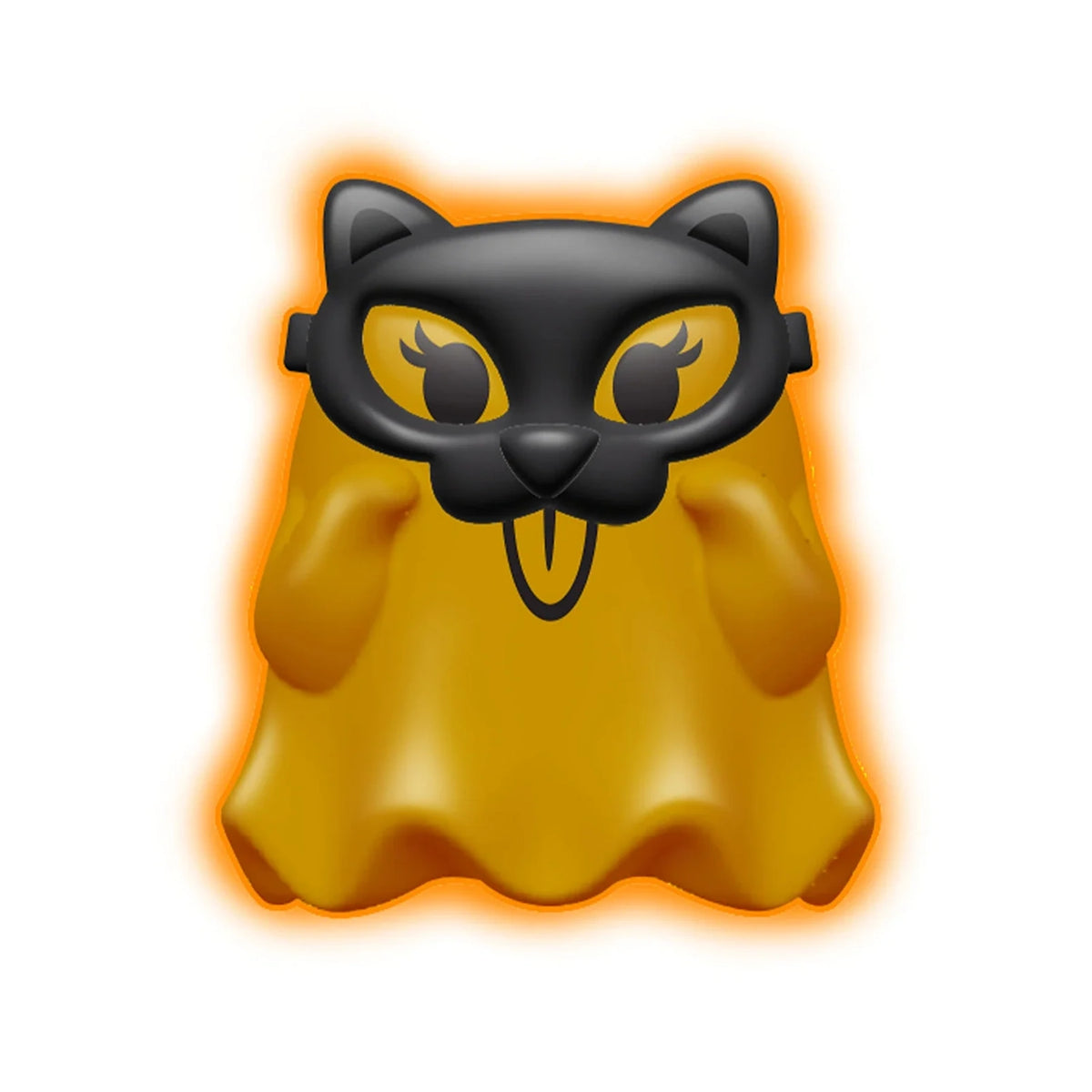 Orange Glowy Ghost NeeDoh fidget toy wearing a black cat mask on a white background with an orange glow.