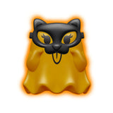 Orange Glowy Ghost NeeDoh fidget toy wearing a black cat mask on a white background with an orange glow.