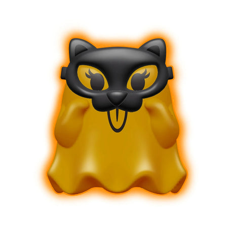 Orange Glowy Ghost NeeDoh fidget toy wearing a black cat mask on a white background with an orange glow.