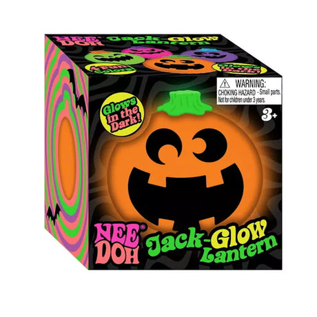 NeeDoh Jack-Glow Lantern packaging featuring a glowing orange jack-o'-lantern fidget toy in a black Halloween-themed box.