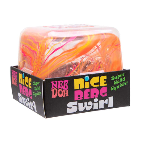 NeeDoh Niceberg Swirl stress ball in orange and pink marble, cube-shaped fidget toy with "Super Solid Squish" packaging.