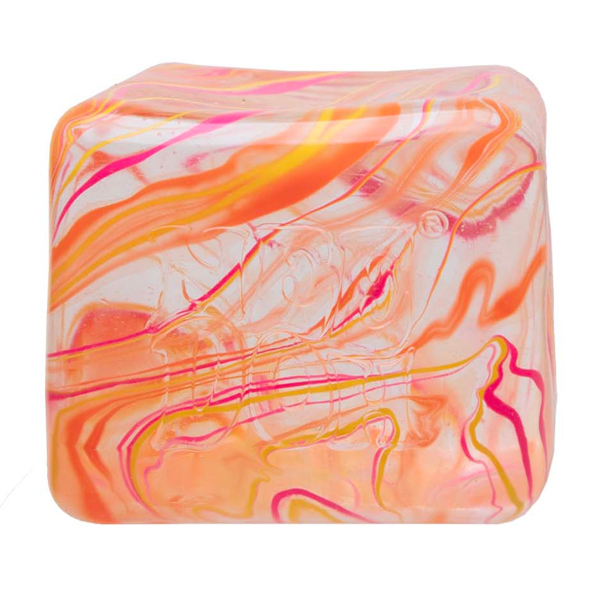 NeeDoh Niceberg Swirl cube squishy toy in orange and pink marbled pattern on a white background.