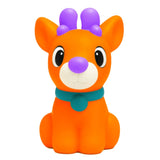 Orange NeeDoh Squisher The ReinDoh fidget toy in bright orange with purple antlers, a teal collar, and a white snout.