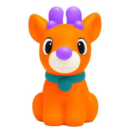 Orange NeeDoh Squisher The ReinDoh fidget toy in bright orange with purple antlers, a teal collar, and a white snout.