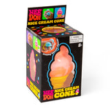 NeeDoh Nice Cream Cone packaging showing an orange and yellow soft-serve ice cream squishy toy inside.