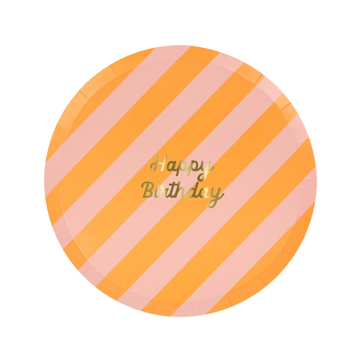 Round paper plate with orange and pink stripes, featuring "Happy Birthday" in gold cursive text.