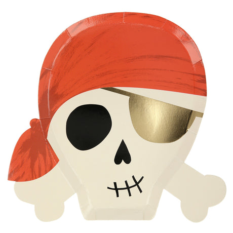 A pirate skull paper plate with a red bandana and a shiny gold eyepatch over one eye.
