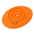 Orange oval balance maze board with textured footpads and two marbles in the track.