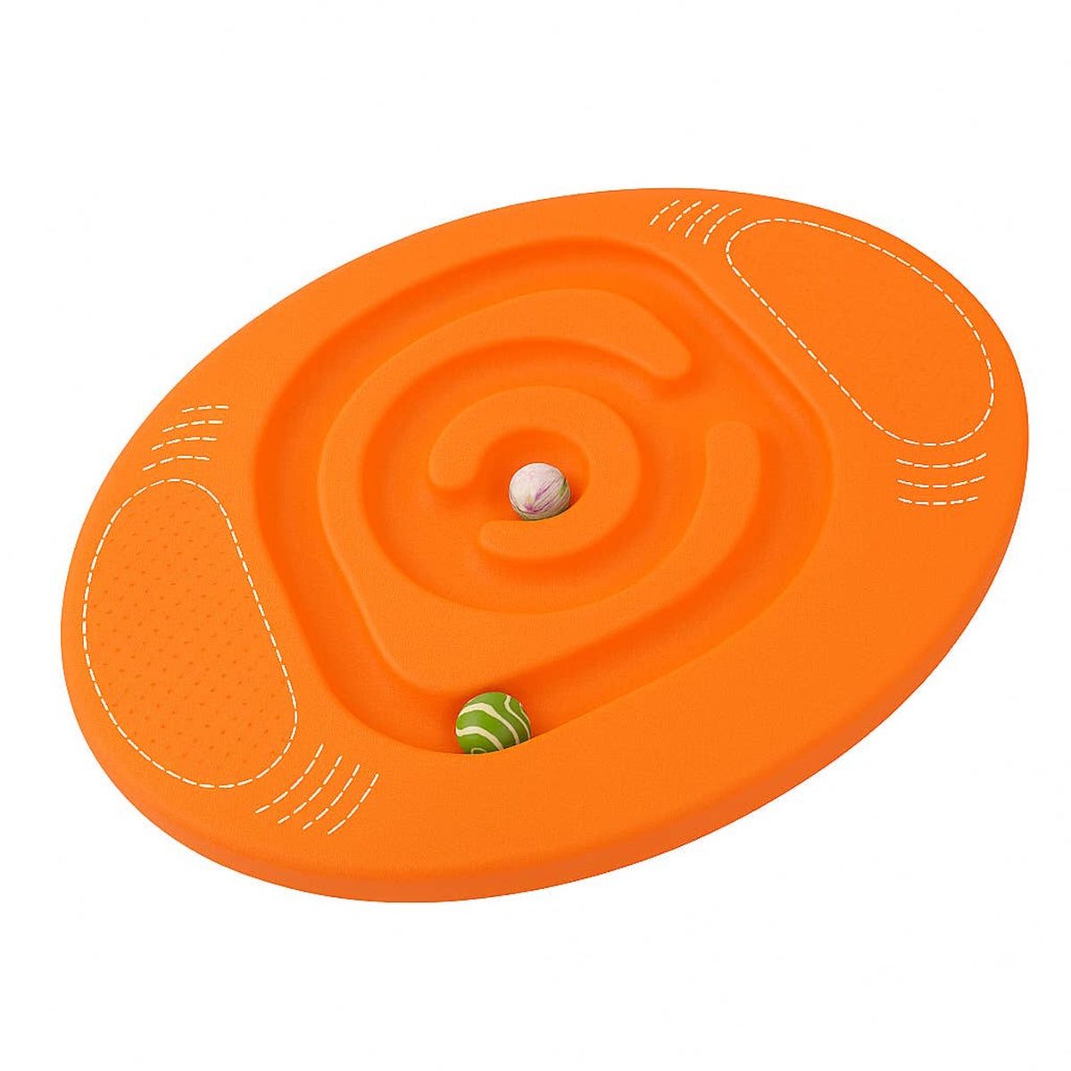 Orange oval balance maze board with textured footpads and two marbles in the track.