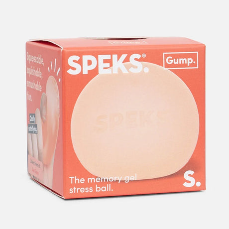 Orange Speks Gump memory gel stress ball packaging box showing product name and image.