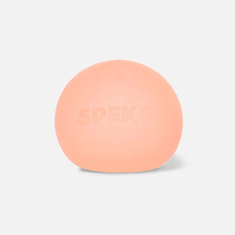 Smooth peach-orange Speks stress ball with embossed lettering on a white background.