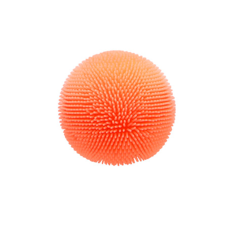 A bright orange rubbery ball covered in soft, flexible textured nubs against a plain white background.