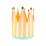 Orange  and white striped paper party crown with gold glitter tips and a mint green fringe base on a white background.