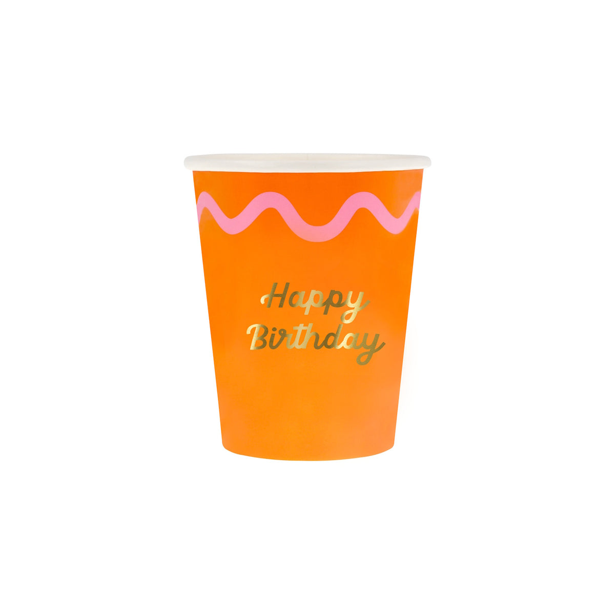 Orange paper cup with a pink wavy line and gold "Happy Birthday" text on a white background.